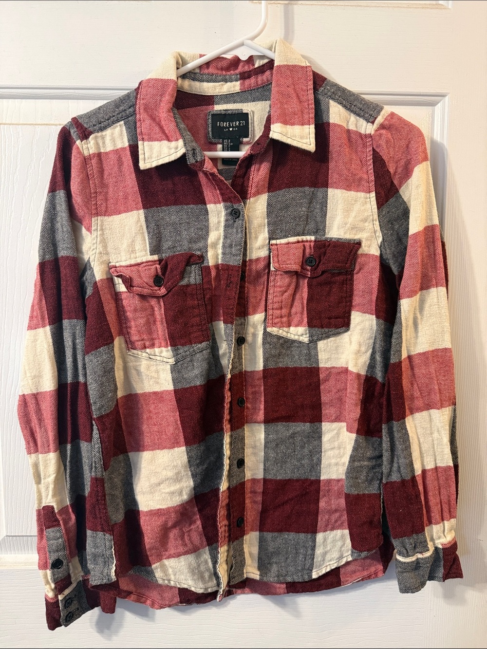 Forever 21 Women's Red Gray and Cream Plaid Button-Down Shirt